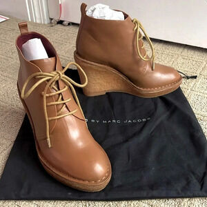 New MARC BY MARC JACOBS Brown Luxury Leather Wedge Boots academia with dust bag